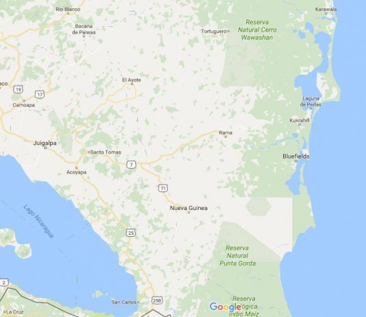 Mapa Managua-Big Corn Island, Región Autónoma de la Costa Caribe Sur